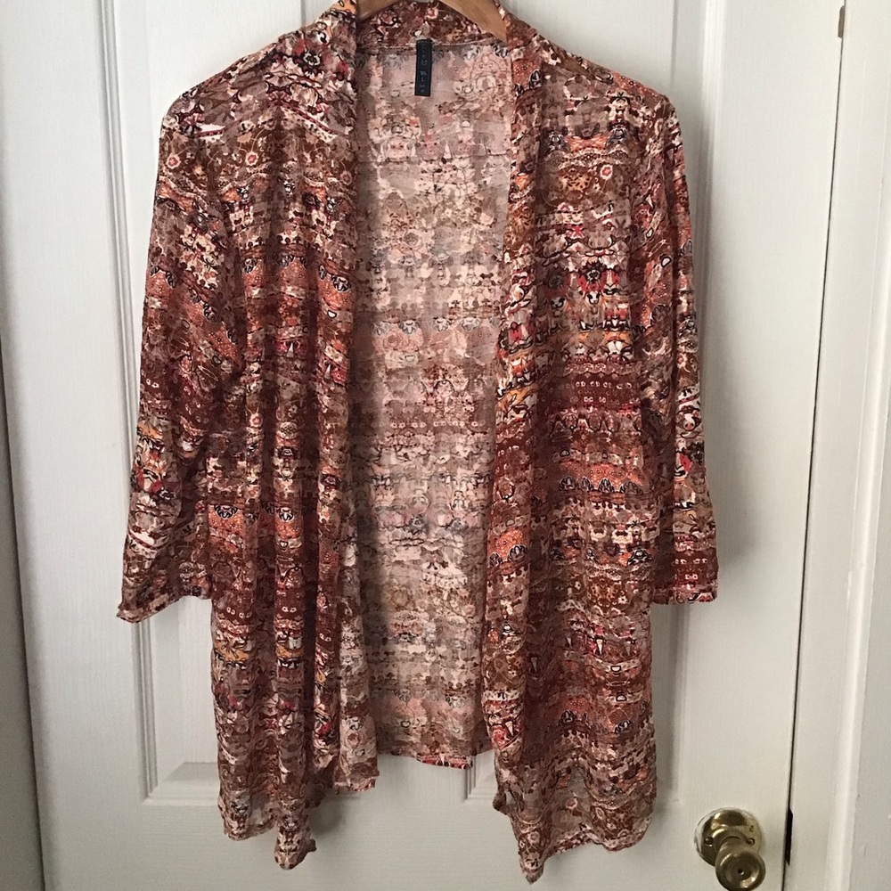 ASHLEY BLUE: Auburn orange black white open front lace cardigan Size XL